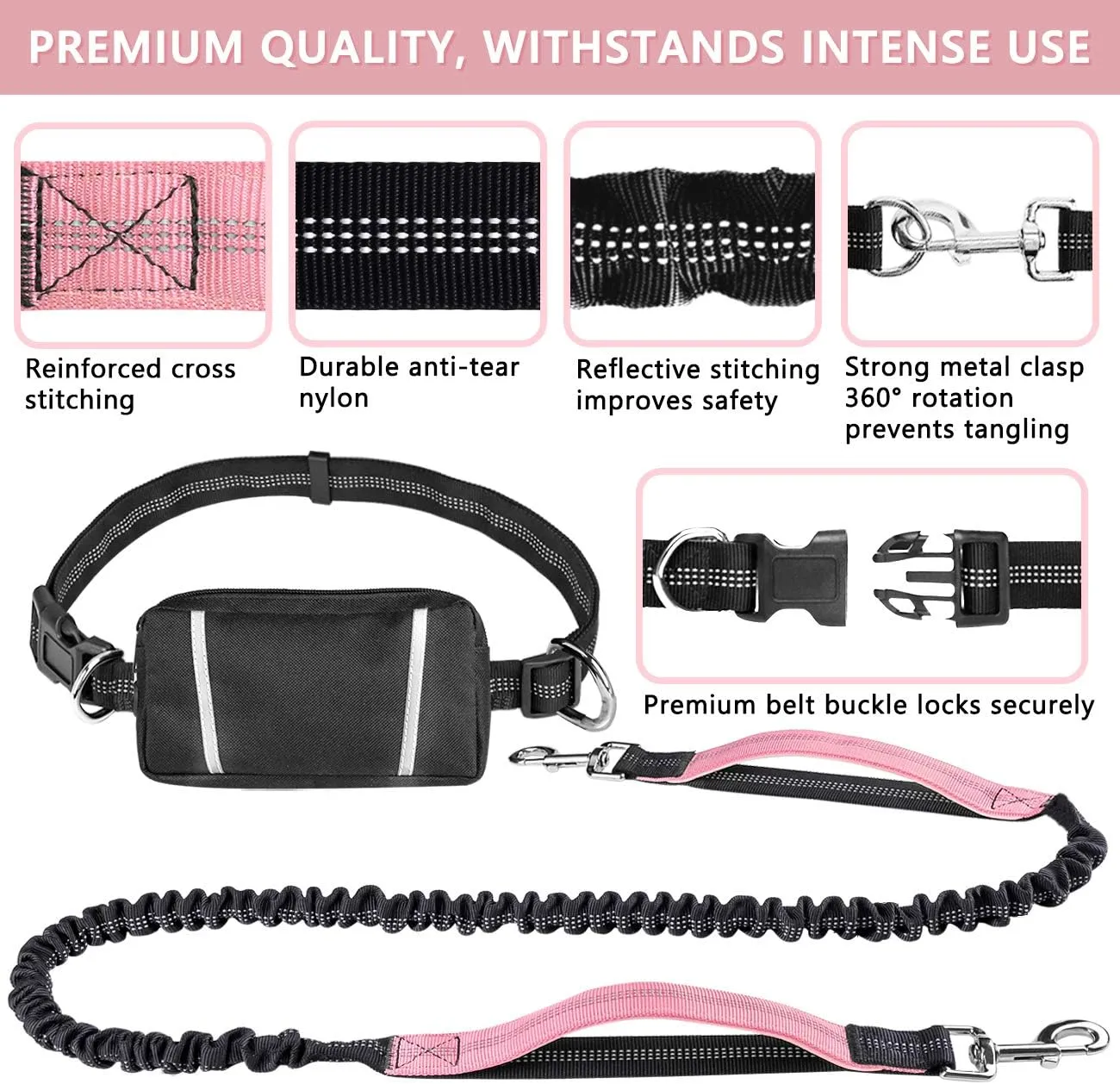 Hands Free Dog Leash Bungee Retractable Dog Running Waist Leash for Running Walking Jogging Training Hiking with Medium to Large Dogs, Adjustable Waist Belt Pouchouch, Reflective Stitches, Dual Handle