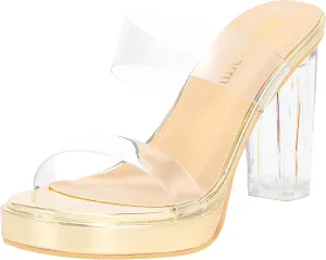 Heels Charm Women's Platform Heels Clear Chunky Block Heeled Sandals Open Toe Two Strap Slip On Block High Heel Sandal Dress Dancing Sandals Daily Work Party Shoes