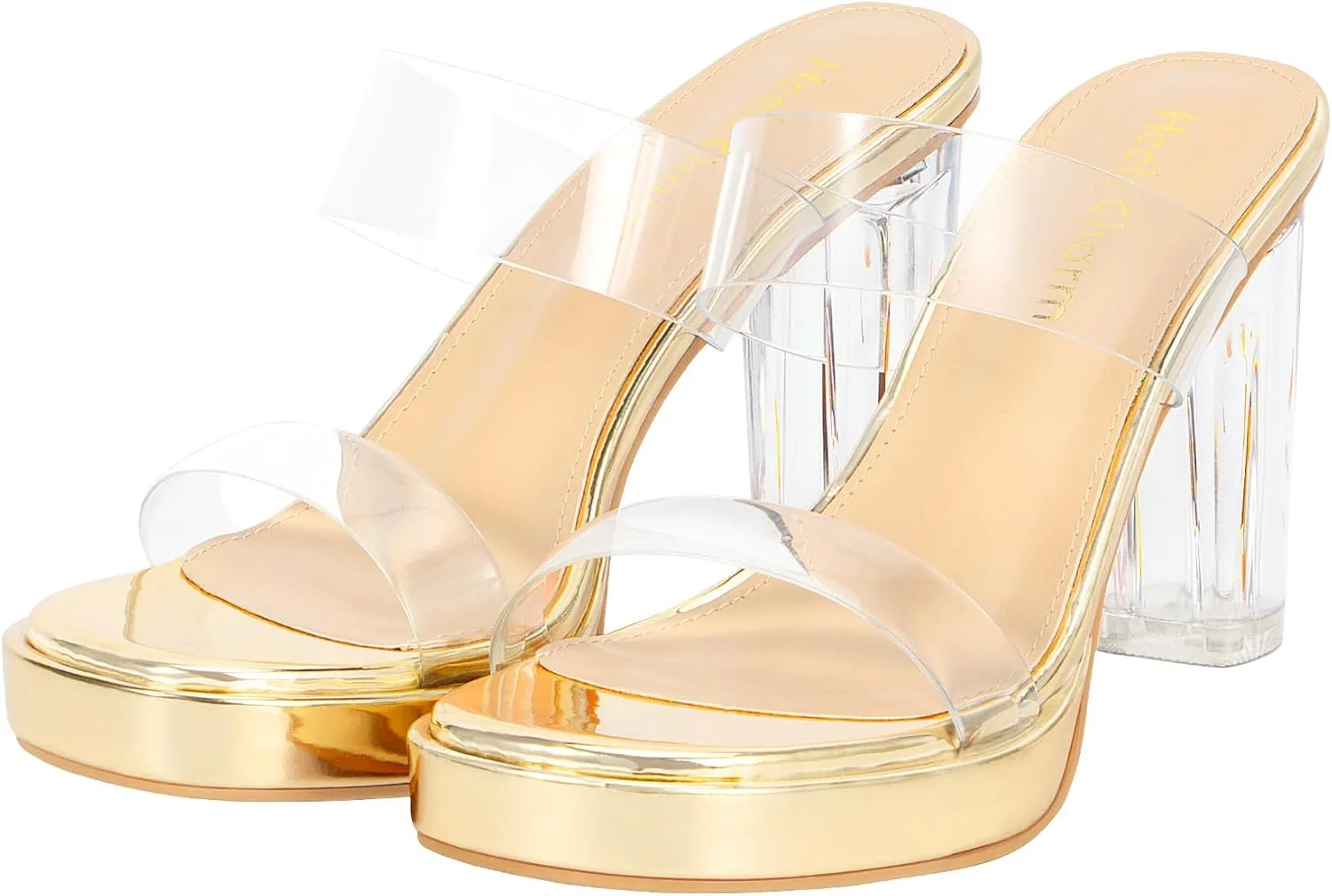 Heels Charm Women's Platform Heels Clear Chunky Block Heeled Sandals Open Toe Two Strap Slip On Block High Heel Sandal Dress Dancing Sandals Daily Work Party Shoes