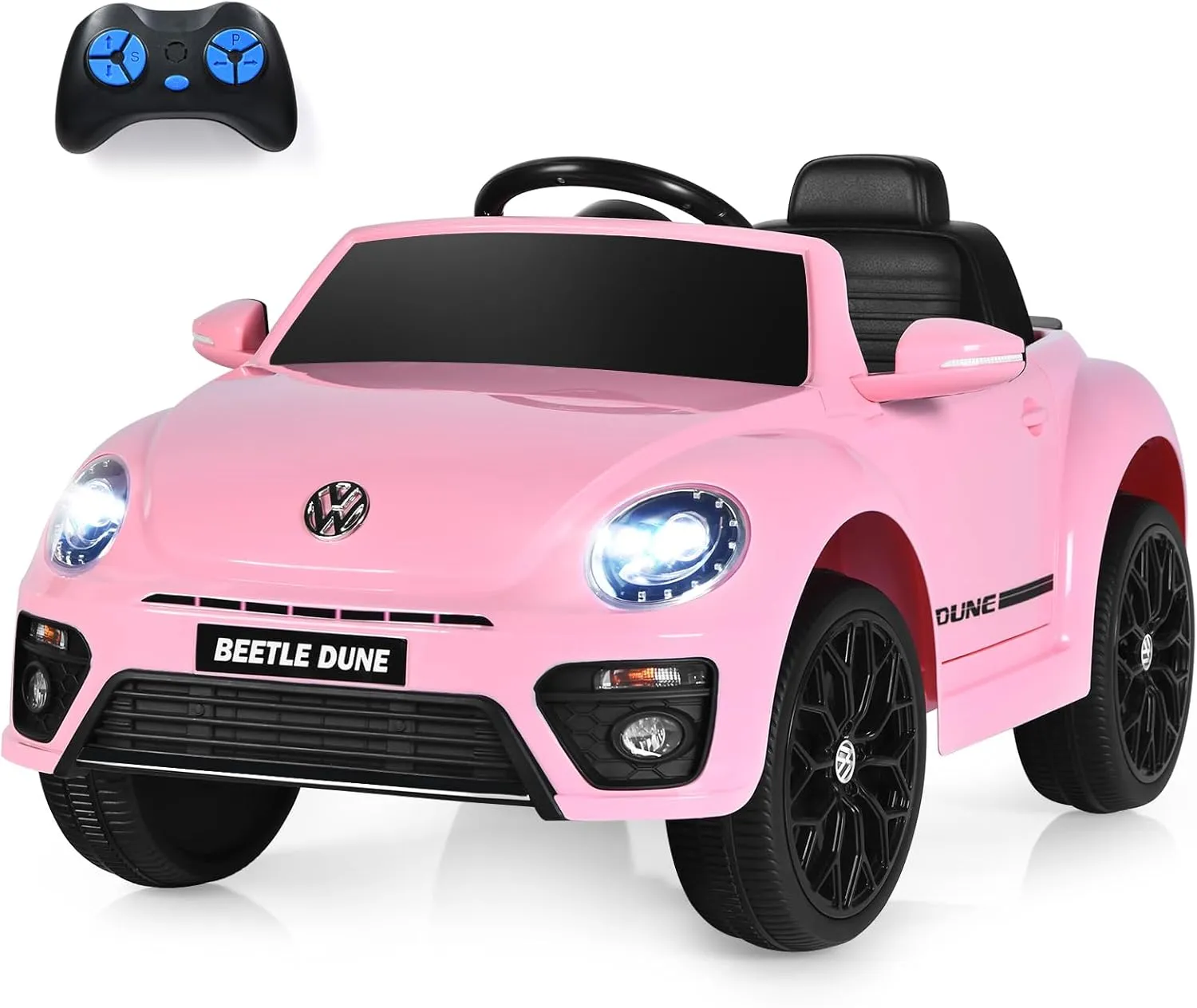 HONEY JOY Ride on Car, 12V Licensed Volkswagen Beetle, Battery Powered Electric Vehicle for Kids, Spring Suspension, Light, Music, 4 Wheeler Ride On Toys w/Remote Control, Gift for Boys Girls (Pink)