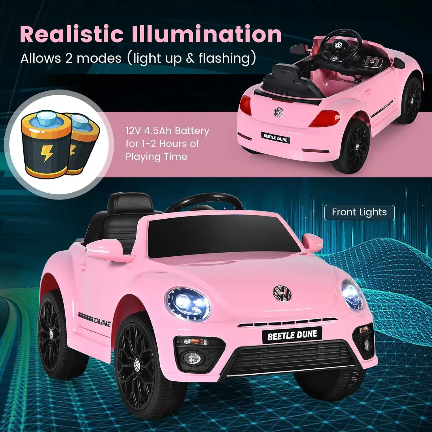 HONEY JOY Ride on Car, 12V Licensed Volkswagen Beetle, Battery Powered Electric Vehicle for Kids, Spring Suspension, Light, Music, 4 Wheeler Ride On Toys w/Remote Control, Gift for Boys Girls (Pink)