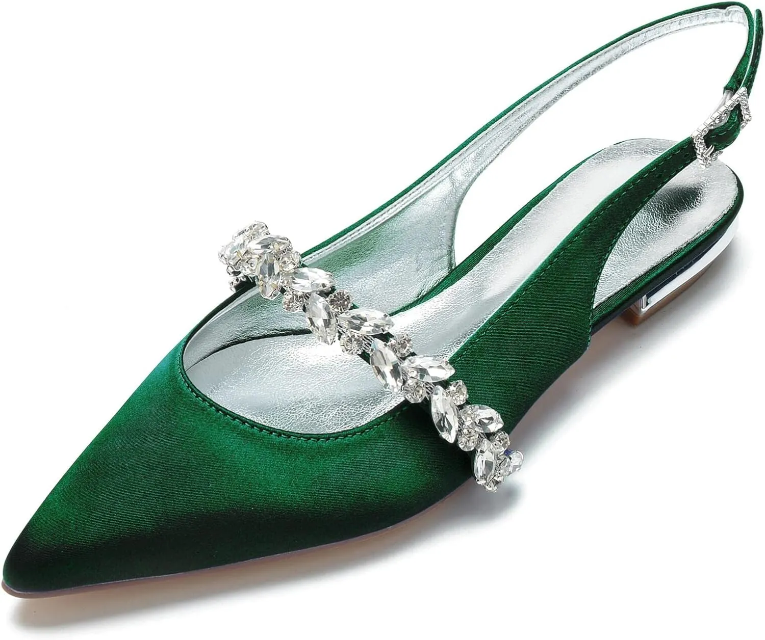 Hyinlays Women's Closed Toe Wedding Flats Slingback Pump Shoes for Bride Satin Crystal Pointed Toe Formal Party Flat Sandals