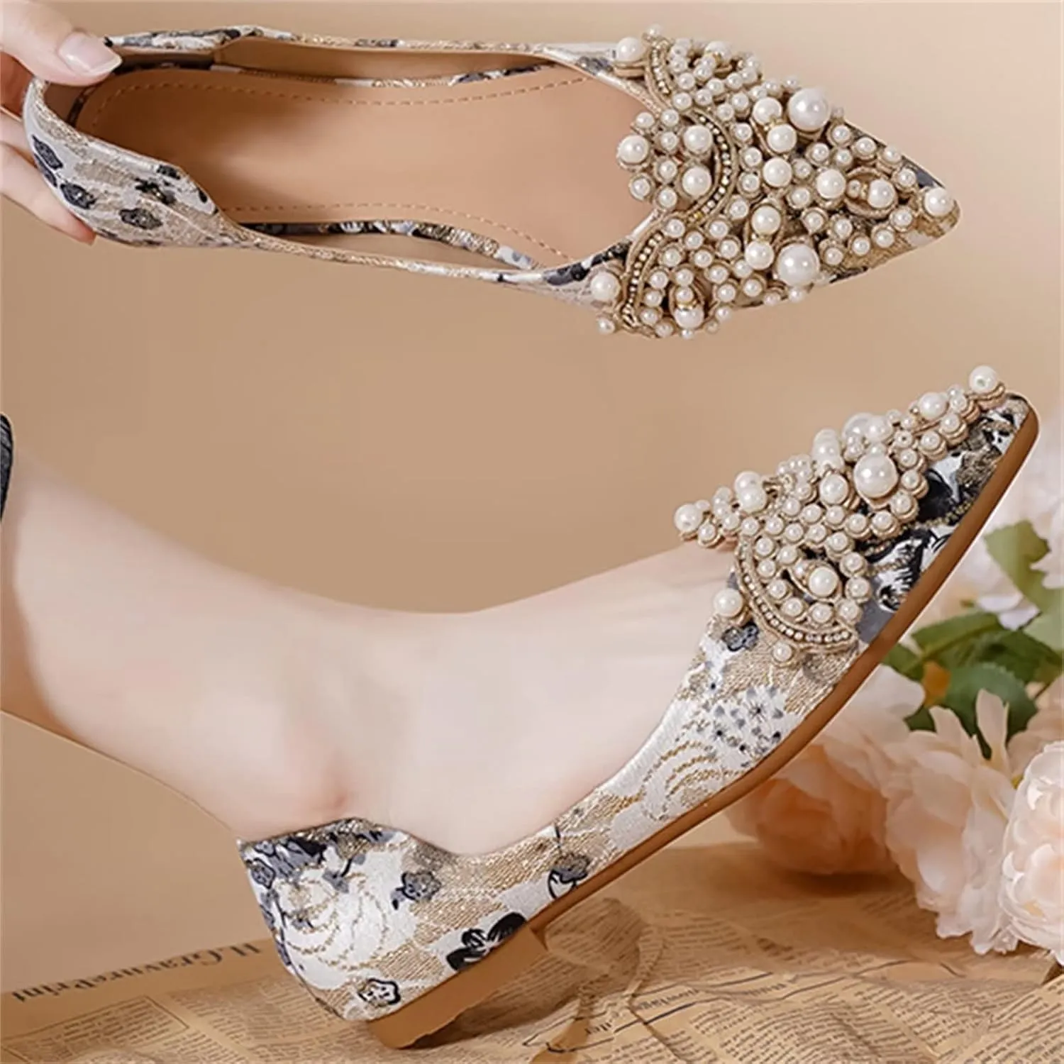 INEELUYI Women's Dress Shoes Lace Bowknot Pointed Toe Comfortable Flats Shoes Wedding Party