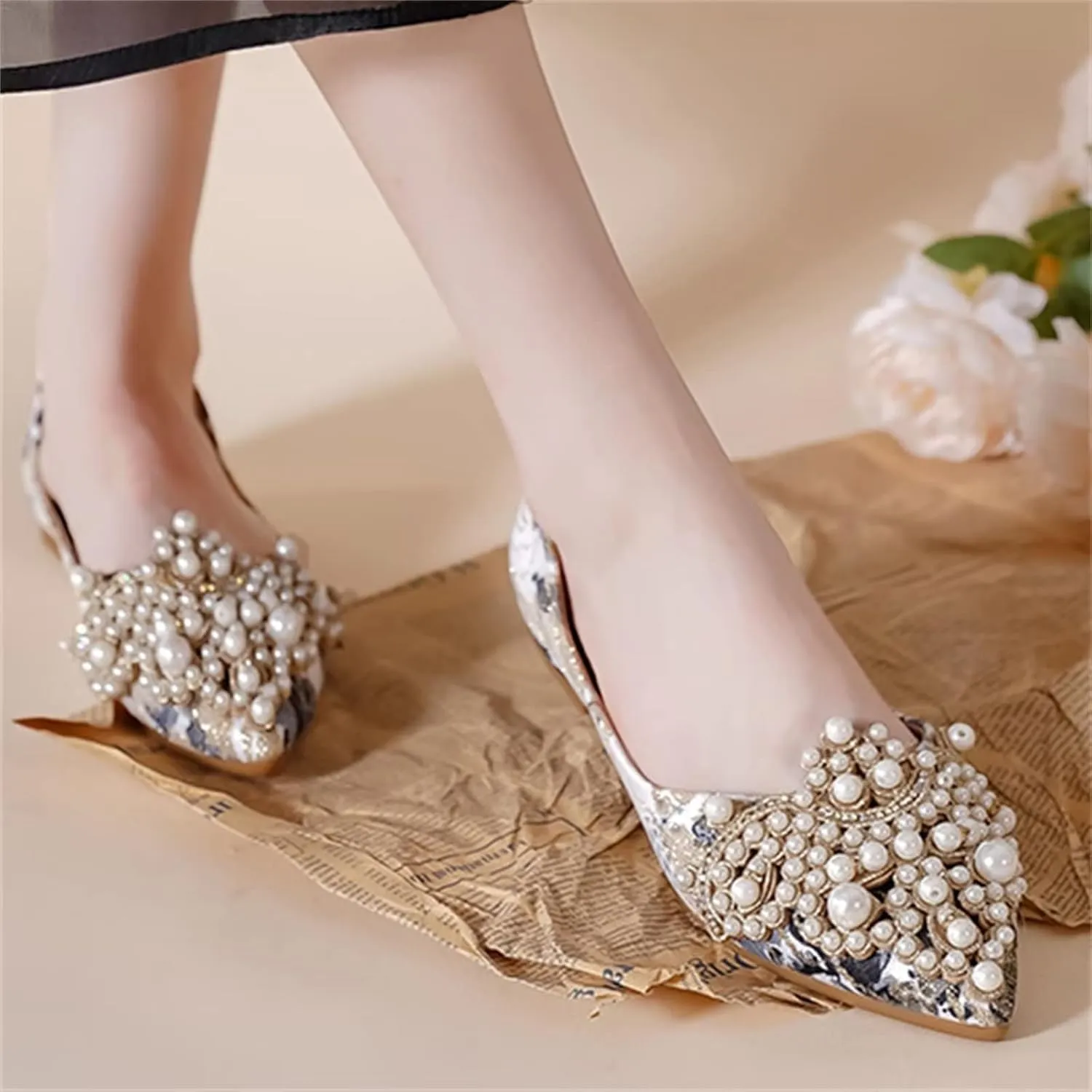 INEELUYI Women's Dress Shoes Lace Bowknot Pointed Toe Comfortable Flats Shoes Wedding Party
