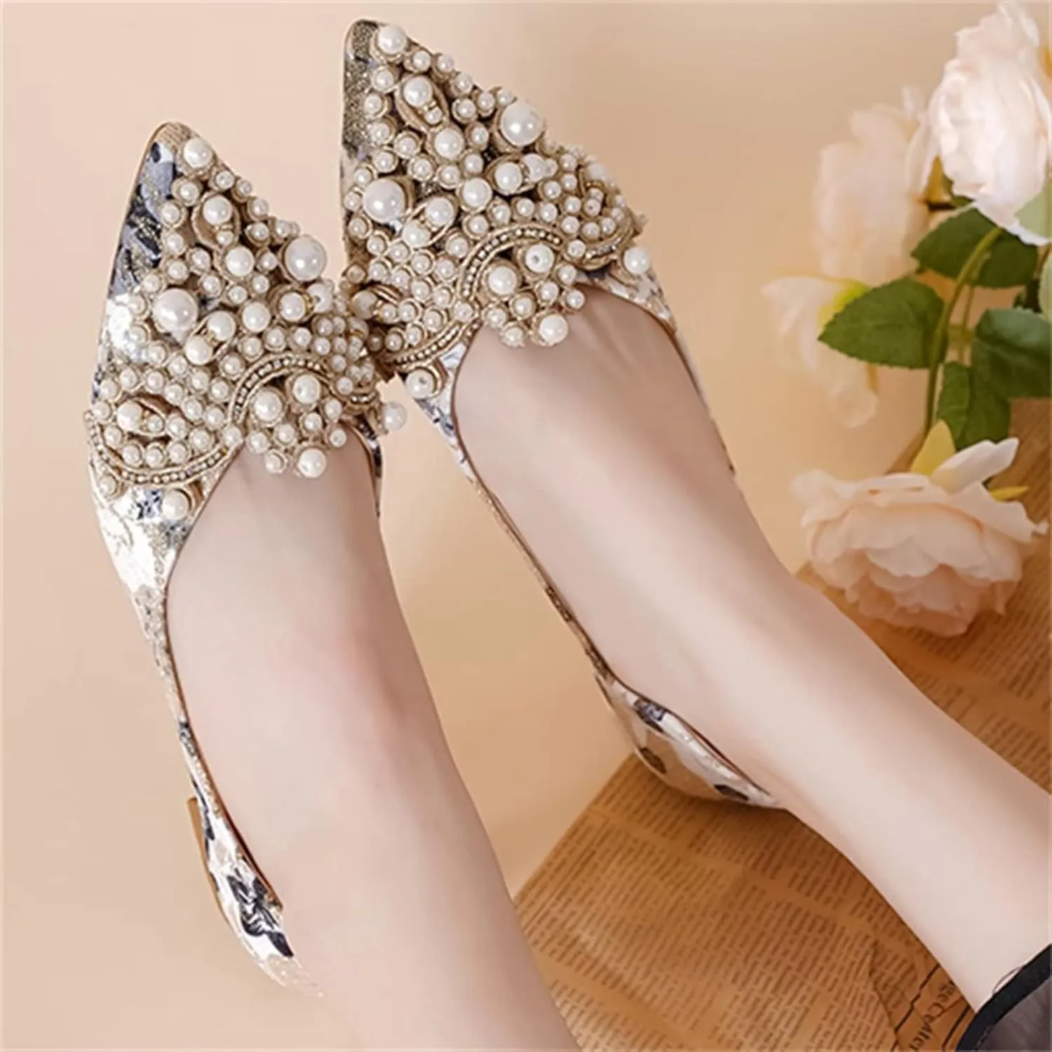 INEELUYI Women's Dress Shoes Lace Bowknot Pointed Toe Comfortable Flats Shoes Wedding Party