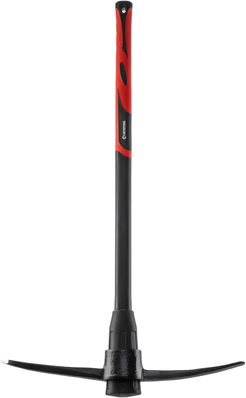 INTERTOOL Pick Axe for Digging - 36” Heavy Duty Garden Mattock Pickaxe - Rust Resistant Steel with Adze Hoe & Shock Absorbing Fiberglass Anti-Slip Handle - Cultivate, Loosen Soil, Dig - HT08-0305