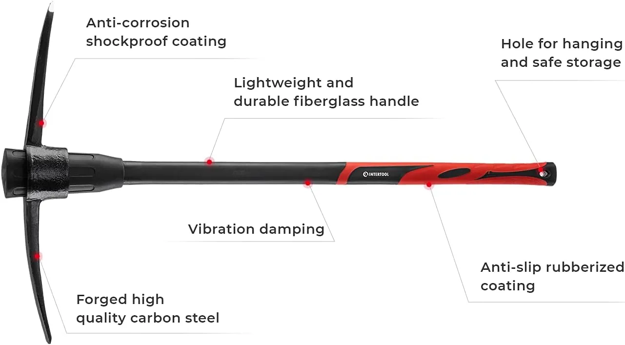 INTERTOOL Pick Axe for Digging - 36” Heavy Duty Garden Mattock Pickaxe - Rust Resistant Steel with Adze Hoe & Shock Absorbing Fiberglass Anti-Slip Handle - Cultivate, Loosen Soil, Dig - HT08-0305