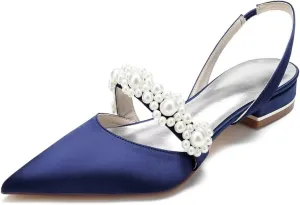 JOEupin Women's Pointed Toe Wedding Shoes for Bride Flats Pearl Sling Back Bridal Flats Evening Prom Party Dress Pumps
