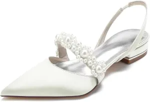 JOEupin Women's Pointed Toe Wedding Shoes for Bride Flats Pearl Sling Back Bridal Flats Evening Prom Party Dress Pumps