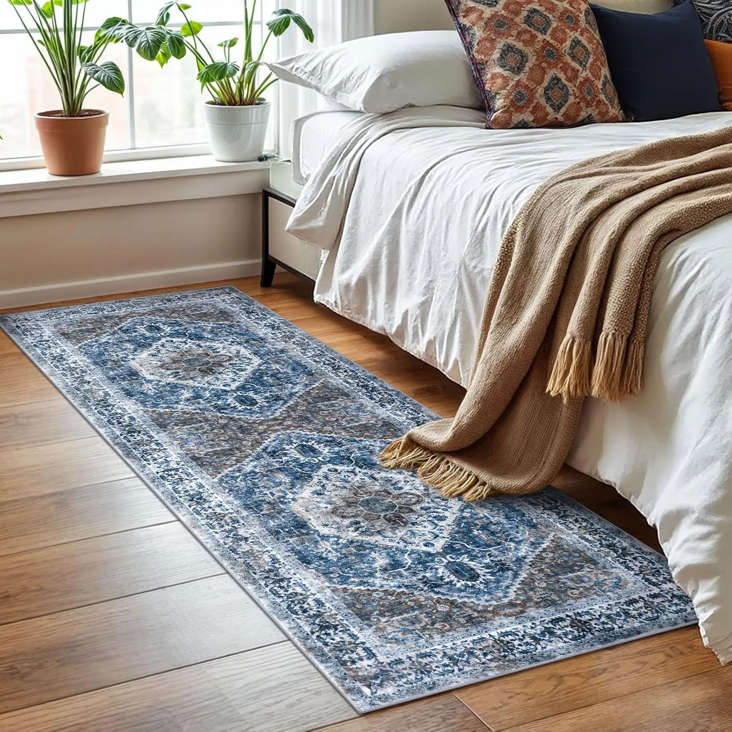 KOZYFLY Runners for Hallways 2x6 Ft Washable Kitchen Runner Rug Boho Runner Rug for Entryway Indoor Blue Printed Oriental Faux Wool Floor Carpet Runner for Bedroom Kitchen Hall