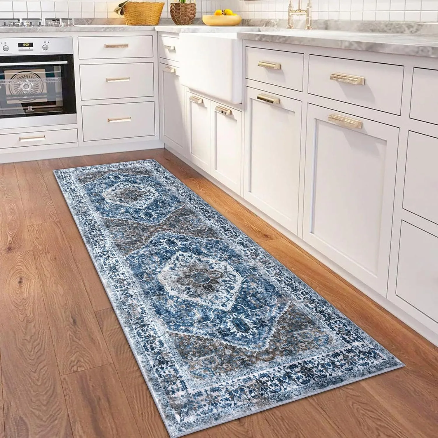 KOZYFLY Runners for Hallways 2x6 Ft Washable Kitchen Runner Rug Boho Runner Rug for Entryway Indoor Blue Printed Oriental Faux Wool Floor Carpet Runner for Bedroom Kitchen Hall