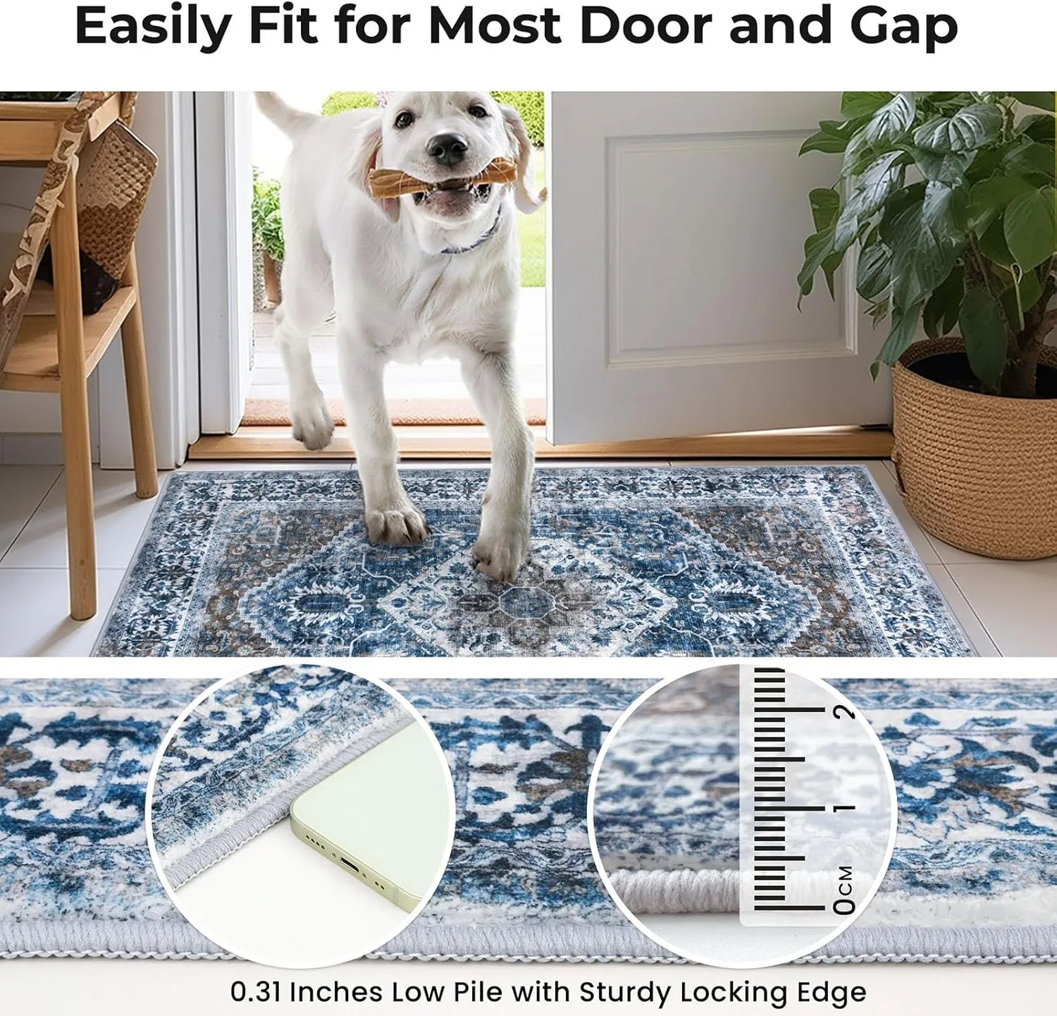 KOZYFLY Runners for Hallways 2x6 Ft Washable Kitchen Runner Rug Boho Runner Rug for Entryway Indoor Blue Printed Oriental Faux Wool Floor Carpet Runner for Bedroom Kitchen Hall