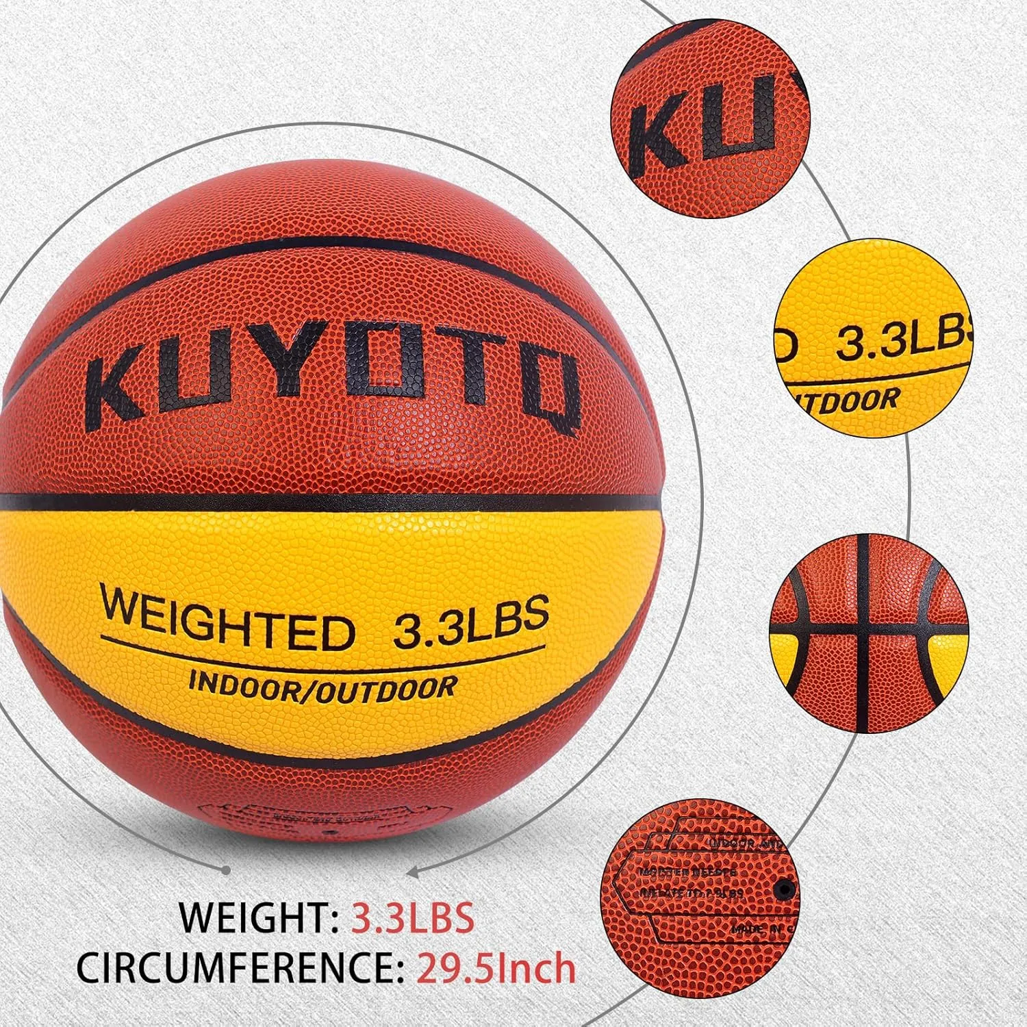 KUYOTQ 3LBS/3.3LBS/2.2LBS/ 29.5/28.5" Weighted Basketball Composite Indoor Outdoor Heavy Trainer Basketball for Improving Ball Handling Dribbling Passing and Rebounding Skill (deflated, Size 7/6)