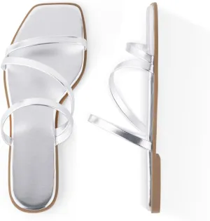 LACUONE Strappy Flat Sandals For Women Slip On Square Open Toe Slides Sandals