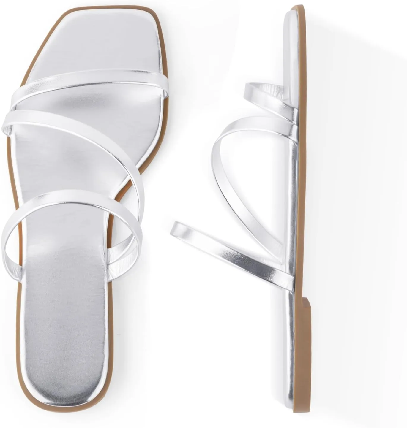 LACUONE Strappy Flat Sandals For Women Slip On Square Open Toe Slides Sandals