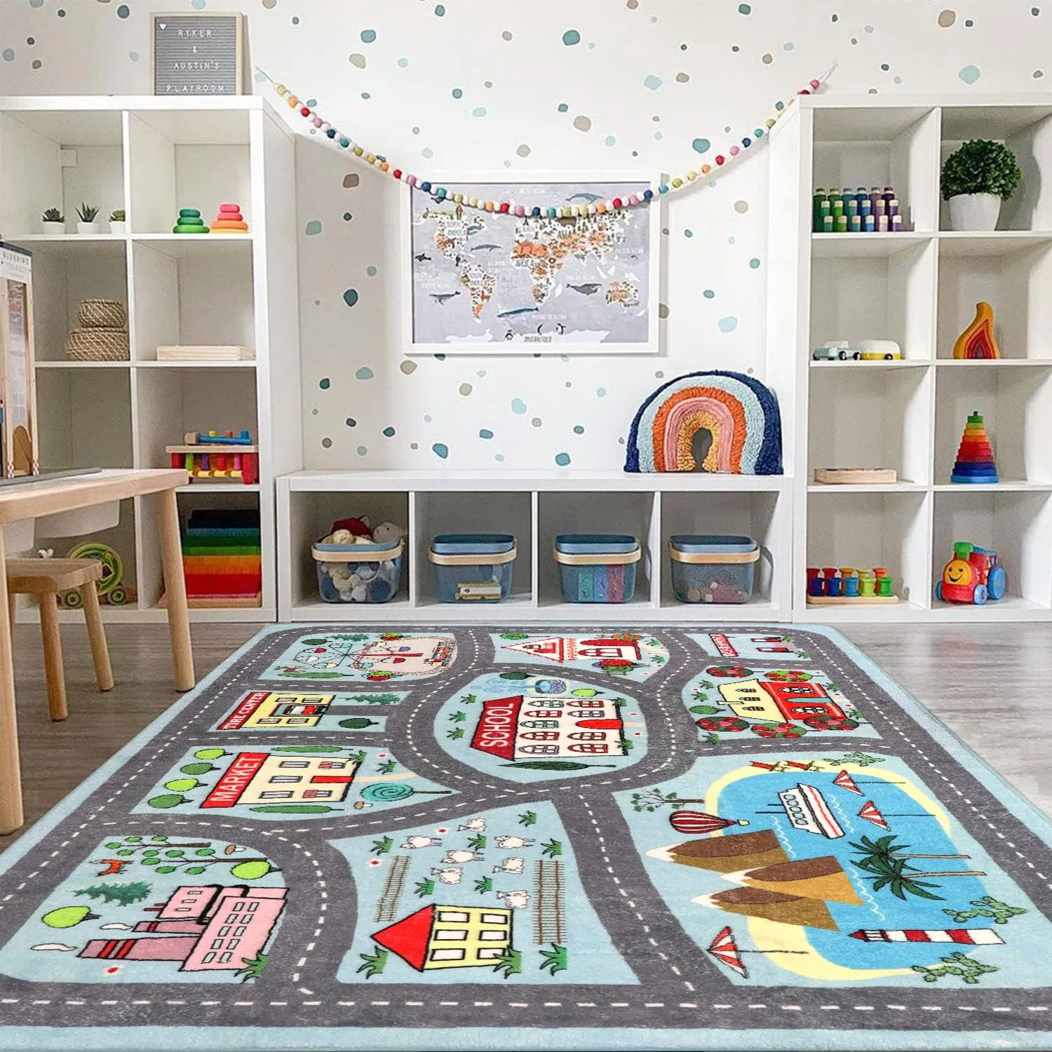 LIVEBOX Large Playroom Rug 5'x7' Kids Play Mat for Classroom, Road Traffic Carpet for Boys Girls Playing Cars Toys, City Life Nursery Car Rug for Toddlers Bedroom Kids Room