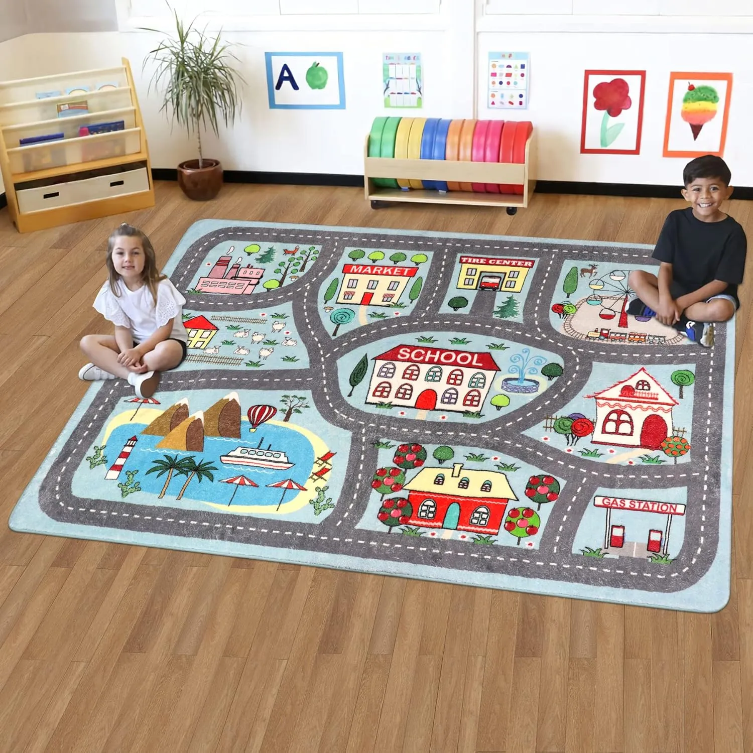 LIVEBOX Large Playroom Rug 5'x7' Kids Play Mat for Classroom, Road Traffic Carpet for Boys Girls Playing Cars Toys, City Life Nursery Car Rug for Toddlers Bedroom Kids Room
