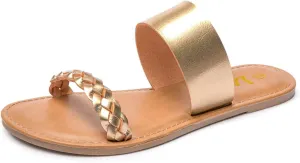 LM Women's Braided Slide Sandals Open Toe Two Band Slip On Flat Sandals Casual Summer Sandals