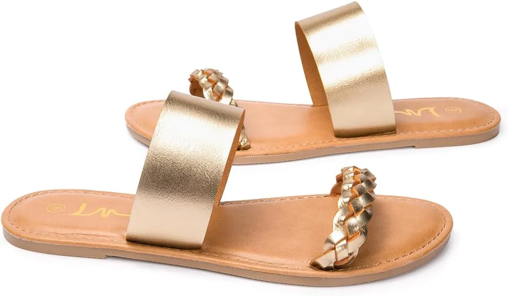 LM Women's Braided Slide Sandals Open Toe Two Band Slip On Flat Sandals Casual Summer Sandals