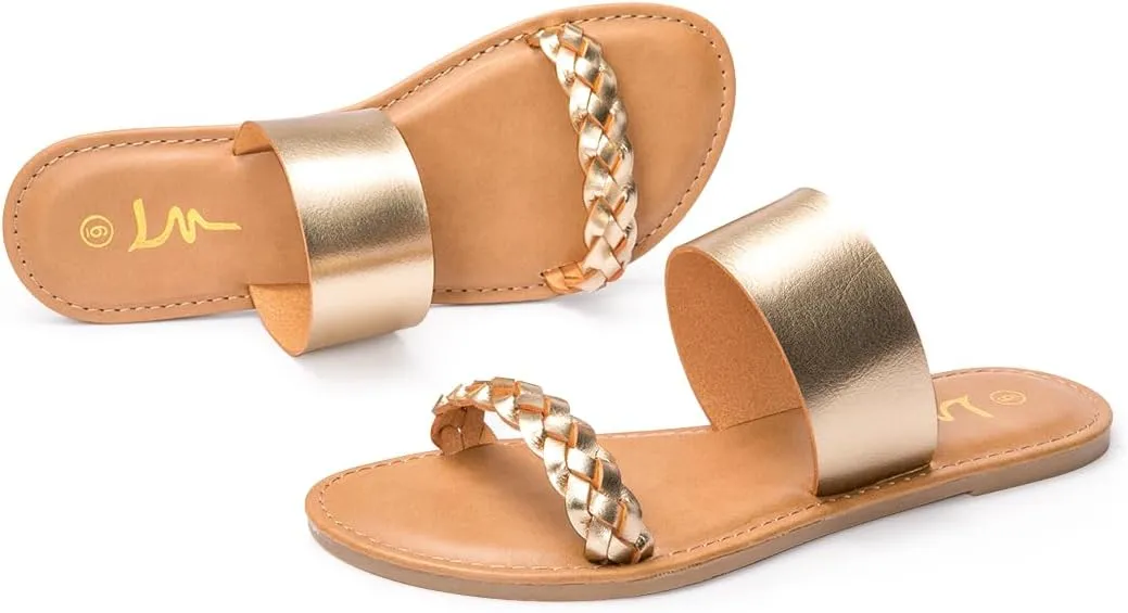 LM Women's Braided Slide Sandals Open Toe Two Band Slip On Flat Sandals Casual Summer Sandals