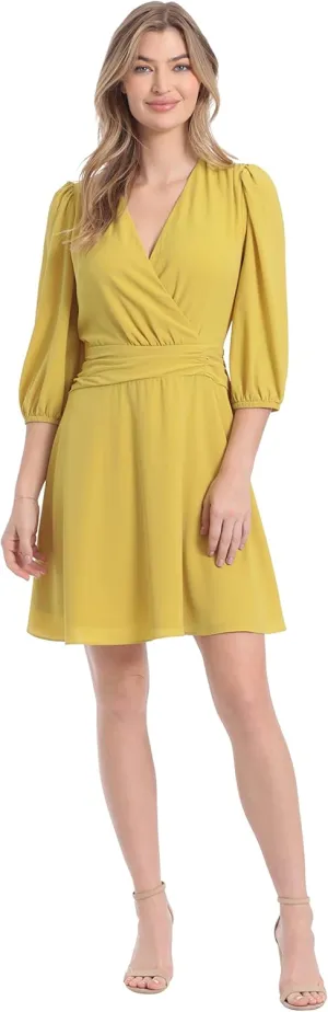 London Times Women's Shirred Surplice Bishop Sleeve Dress