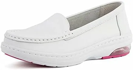 MaxMuxun Women's Non Slip Nursing Shoes Leather Comfortable Slip on Flat Shoes Loafers for Restaurant Work Shoes