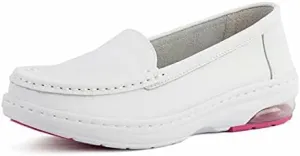 MaxMuxun Women's Non Slip Nursing Shoes Leather Comfortable Slip on Flat Shoes Loafers for Restaurant Work Shoes