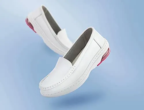 MaxMuxun Women's Non Slip Nursing Shoes Leather Comfortable Slip on Flat Shoes Loafers for Restaurant Work Shoes