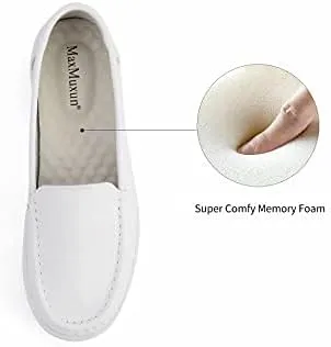 MaxMuxun Women's Non Slip Nursing Shoes Leather Comfortable Slip on Flat Shoes Loafers for Restaurant Work Shoes
