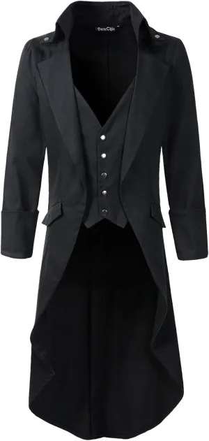 Mens Gothic Tailcoat Jacket Black Steampunk VTG Victorian High Collar Coat