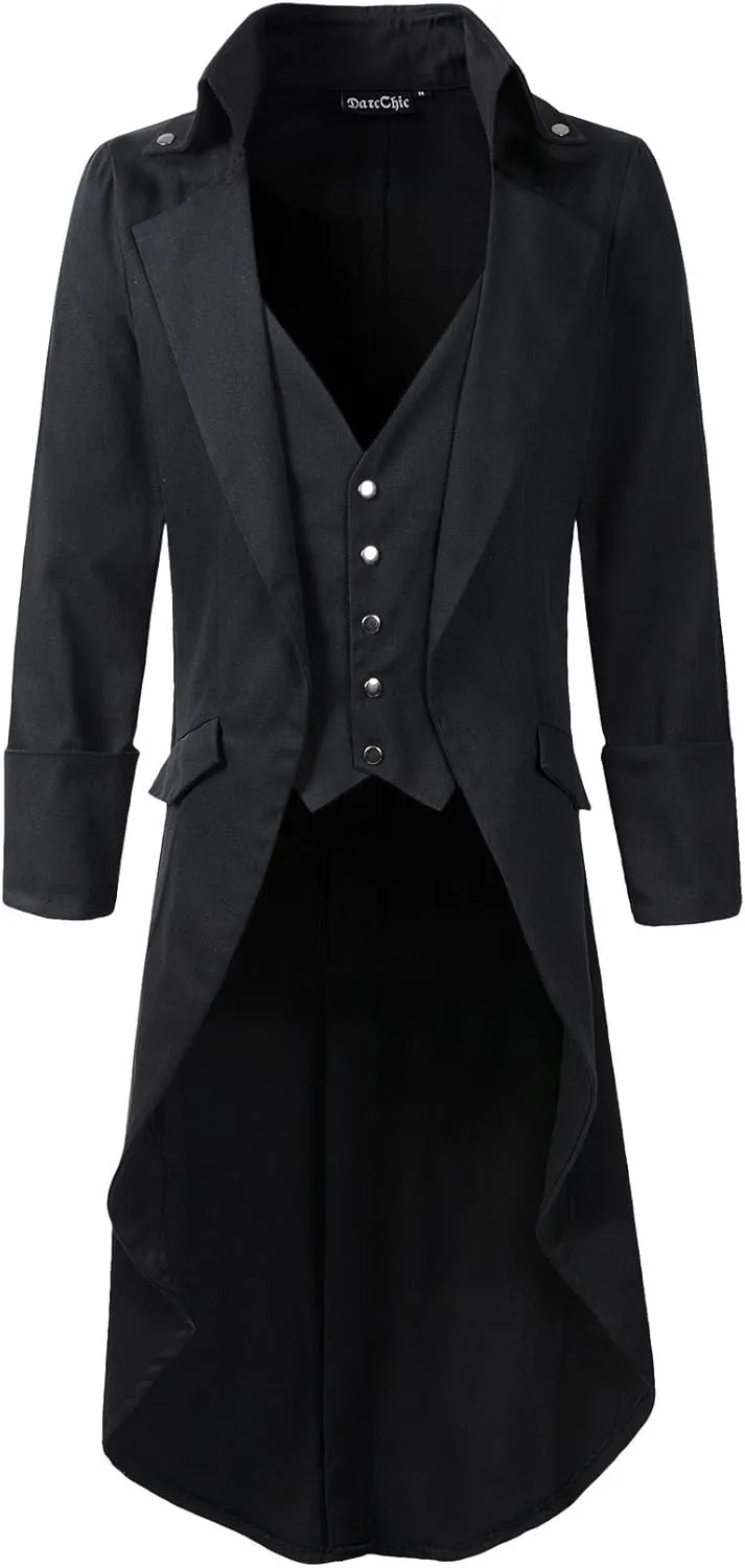 Mens Gothic Tailcoat Jacket Black Steampunk VTG Victorian High Collar Coat