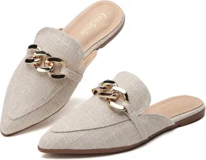 Metal Chain Decor Flat Mules for Women Closed Pointed Toe Slip on Loafers Slides Backless Mules Shoes