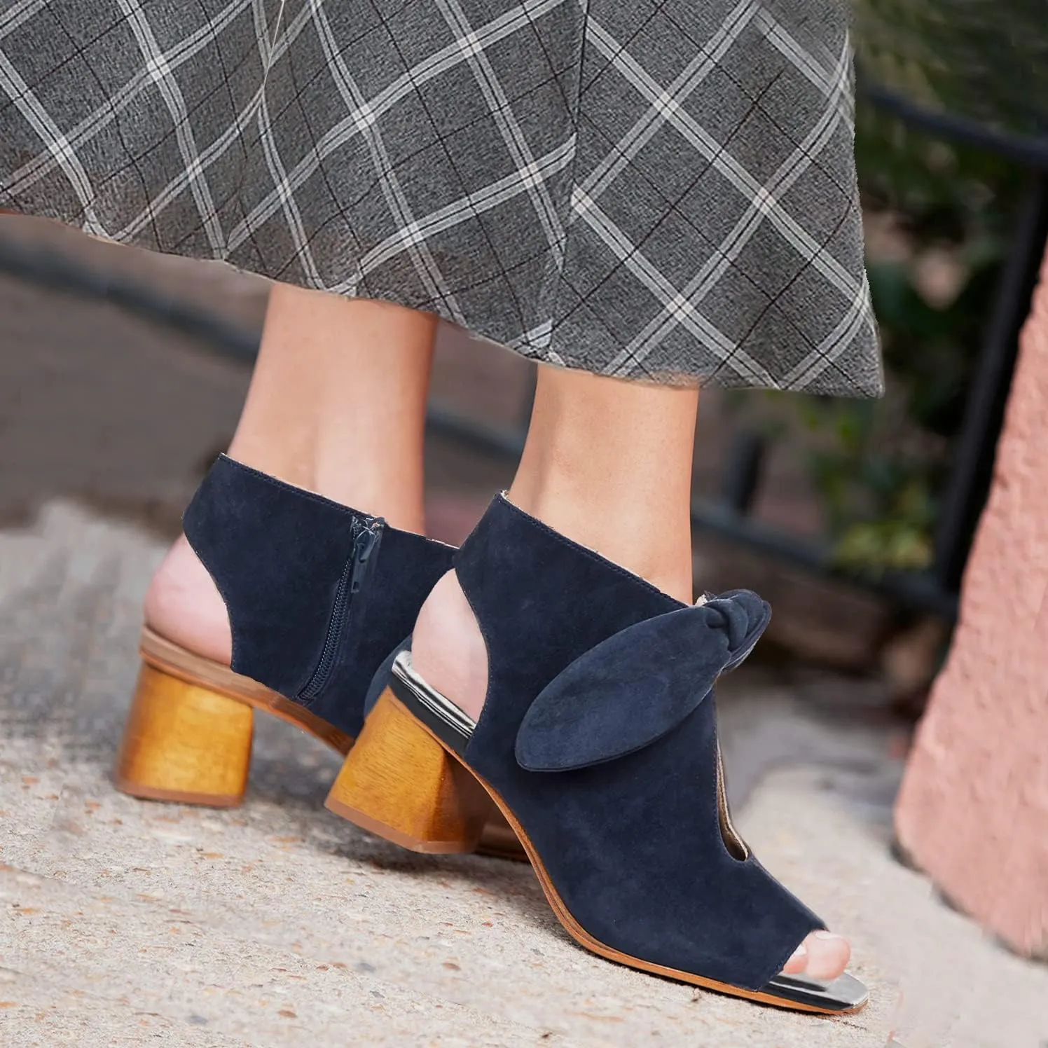 MOOMMO Women Heeled Sandals with Bow Open Toe Low Chunky Block Heel Sandal Booties Cutout 2" Heels Backless Slingback Dress Shoes Peep Toe Back Zipper Suede Sandal Dressy Casual Summer Beach 4-13 M US