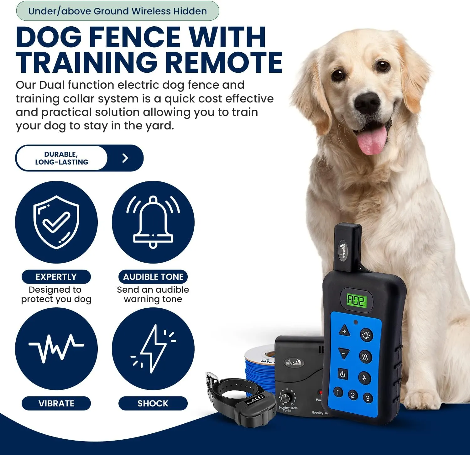 My Pet Command Underground Wireless Dog shock collar Fence System, Dual Function With Remote Dog Training Collar System Safe Pet Containment Waterproof Extra Thick Durable Polyolefin 13 AWG Wire Fence