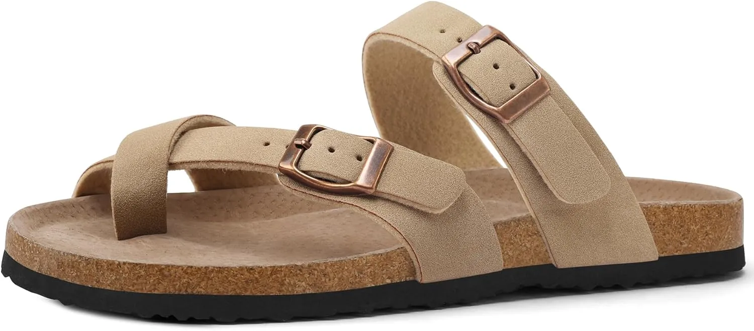 mysoft Women's Cork Footbed Sandals Double Adjustable Buckle Slide Sandals Slip On Walking Summer Shoes