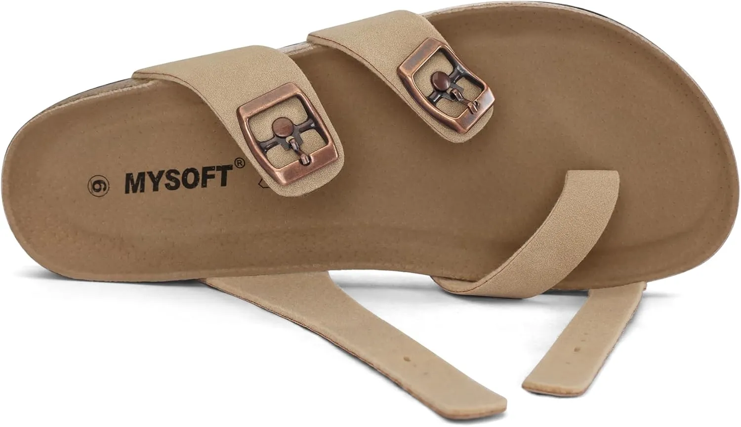 mysoft Women's Cork Footbed Sandals Double Adjustable Buckle Slide Sandals Slip On Walking Summer Shoes