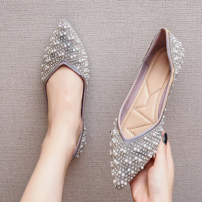 Nanccy Shallow Mouth Rhinestone Pearl Soft Bottom Flat