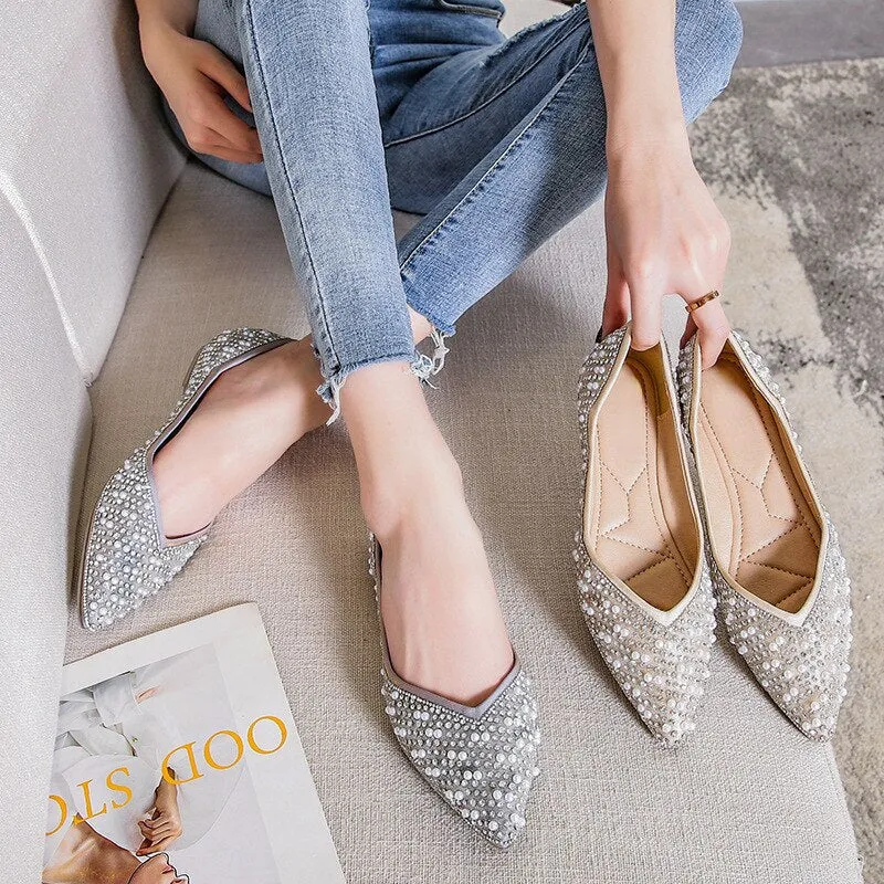 Nanccy Shallow Mouth Rhinestone Pearl Soft Bottom Flat