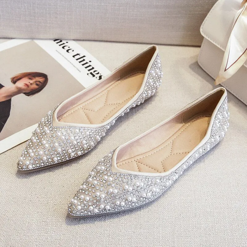 Nanccy Shallow Mouth Rhinestone Pearl Soft Bottom Flat