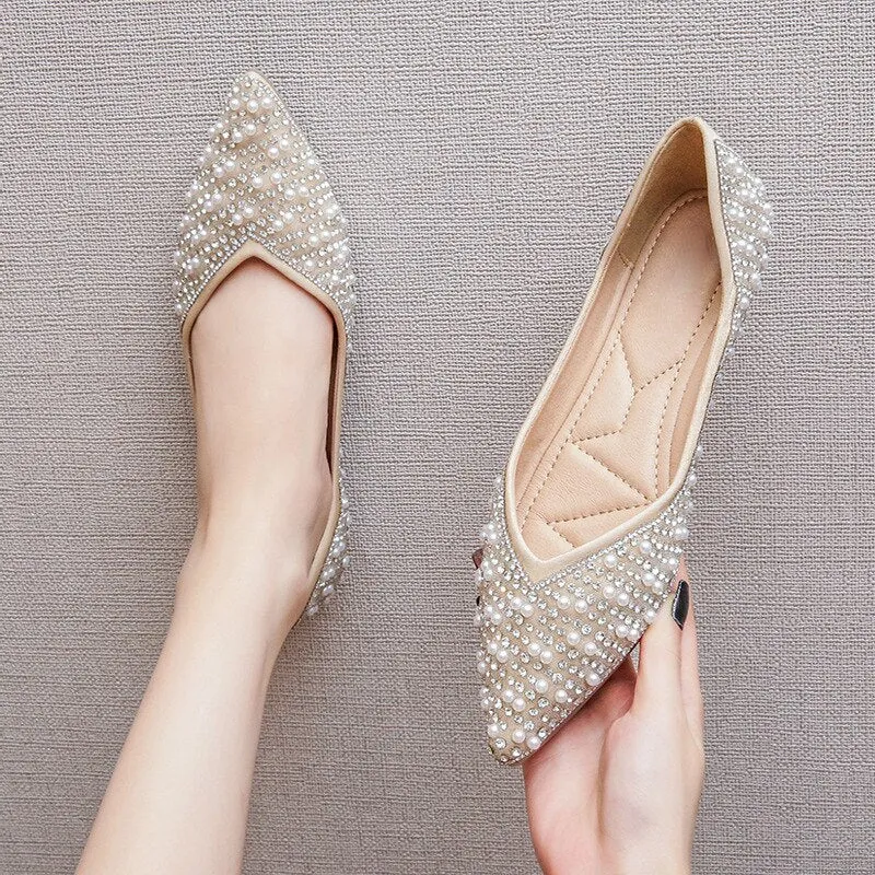 Nanccy Shallow Mouth Rhinestone Pearl Soft Bottom Flat