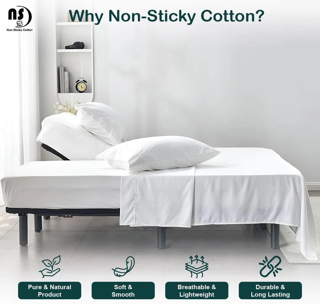 NON Sticky cotton 4 Piece Head Flex King Fitted Sheet Set for Sleep Number Adjustable Bed, 100% Long Staple Cotton Bed Sheets, 34" Top Split, Fits 18" Deep Mattress, 78" X 80", White Solid