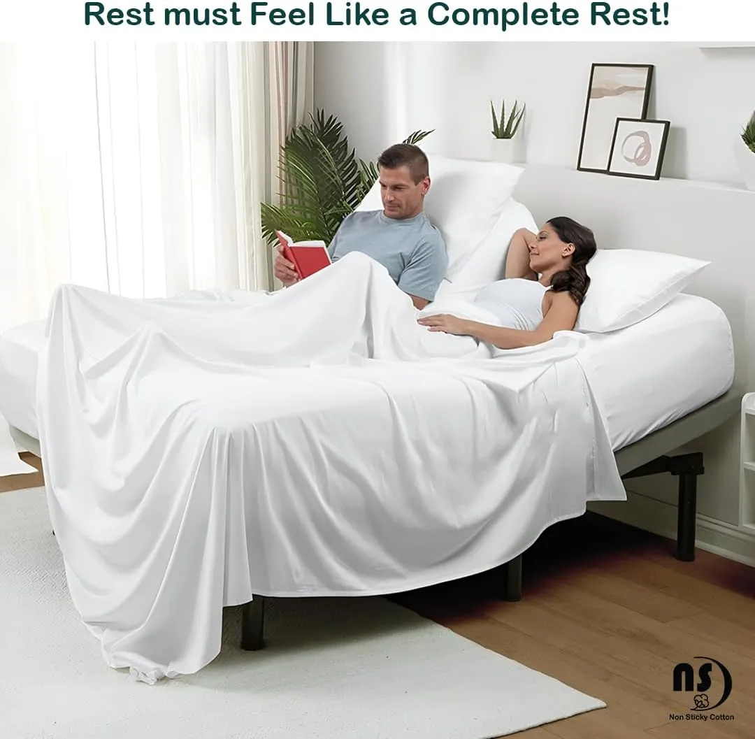NON Sticky cotton 4 Piece Head Flex King Fitted Sheet Set for Sleep Number Adjustable Bed, 100% Long Staple Cotton Bed Sheets, 34" Top Split, Fits 18" Deep Mattress, 78" X 80", White Solid