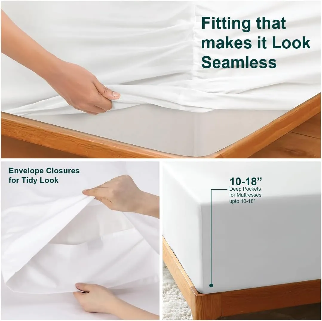 NON Sticky cotton 4 Piece Head Flex King Fitted Sheet Set for Sleep Number Adjustable Bed, 100% Long Staple Cotton Bed Sheets, 34" Top Split, Fits 18" Deep Mattress, 78" X 80", White Solid