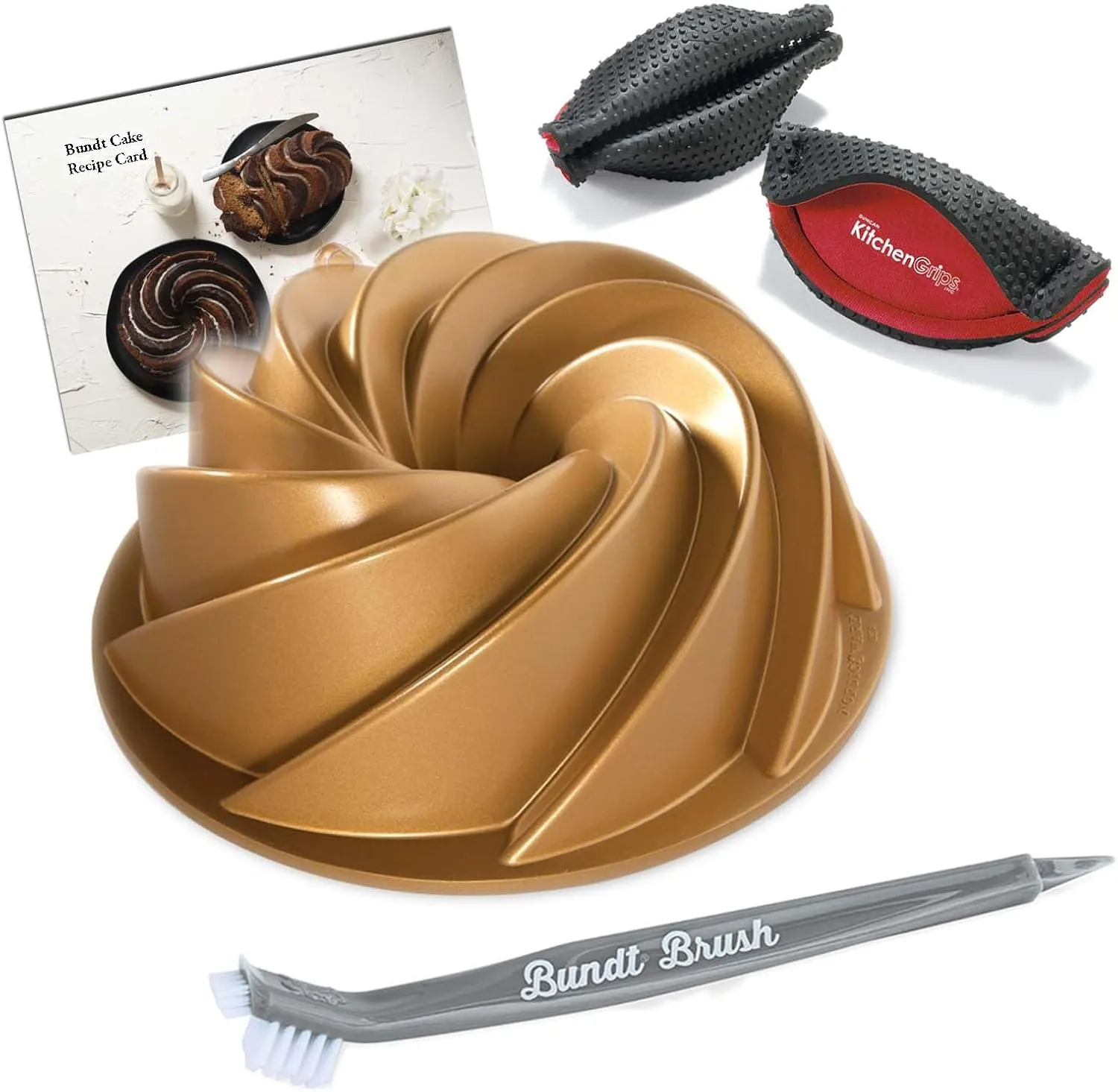 Nordic Ware Heritage Bundt Pan Gold 10 Cup Capacity With Cleaning Tool   Grips Pot Holder and Recipe Card