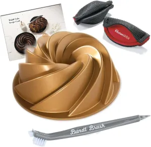 Nordic Ware Heritage Bundt Pan Gold 10 Cup Capacity With Cleaning Tool   Grips Pot Holder and Recipe Card