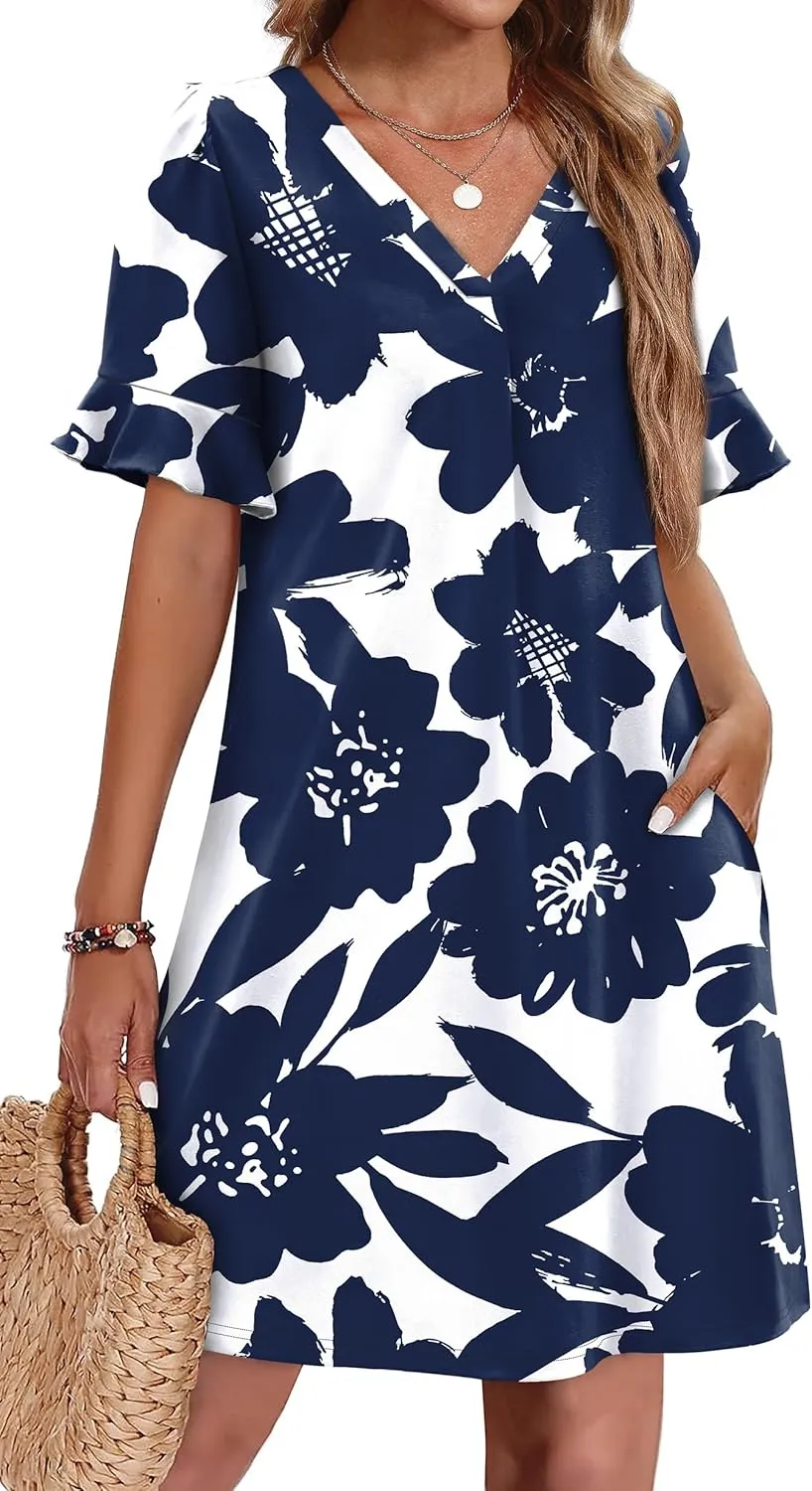 OFEEFAN Summer Dresses for Women Ruffle Short Sleeve V Neck Casual Shift Dress with Pockets