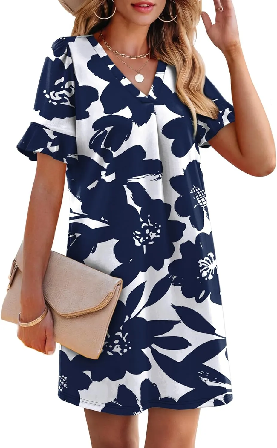 OFEEFAN Summer Dresses for Women Ruffle Short Sleeve V Neck Casual Shift Dress with Pockets