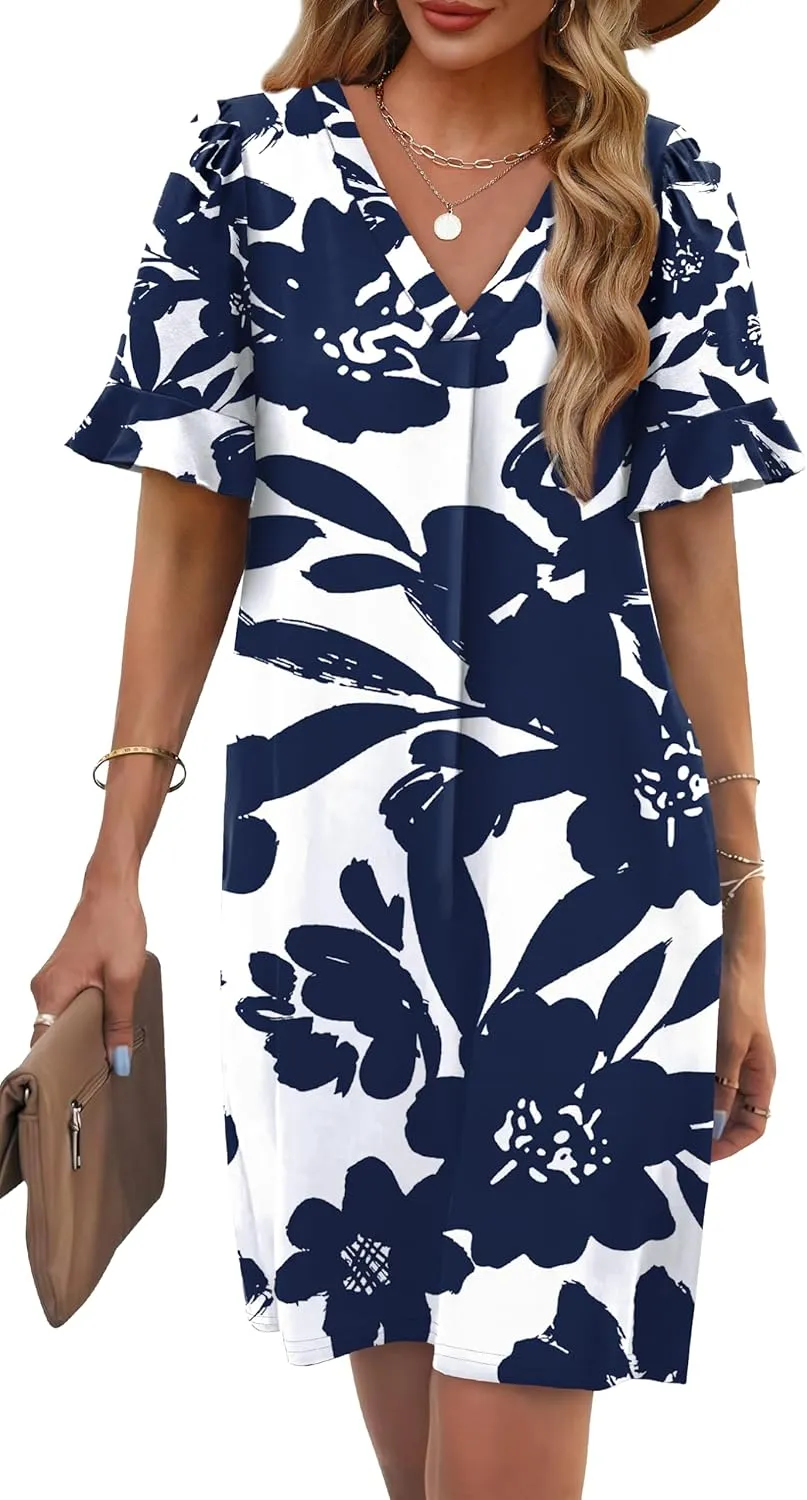 OFEEFAN Summer Dresses for Women Ruffle Short Sleeve V Neck Casual Shift Dress with Pockets