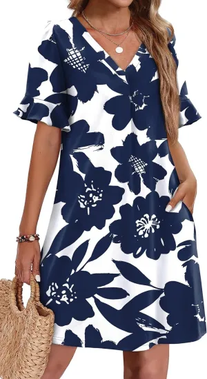 OFEEFAN Summer Dresses for Women Ruffle Short Sleeve V Neck Casual Shift Dress with Pockets