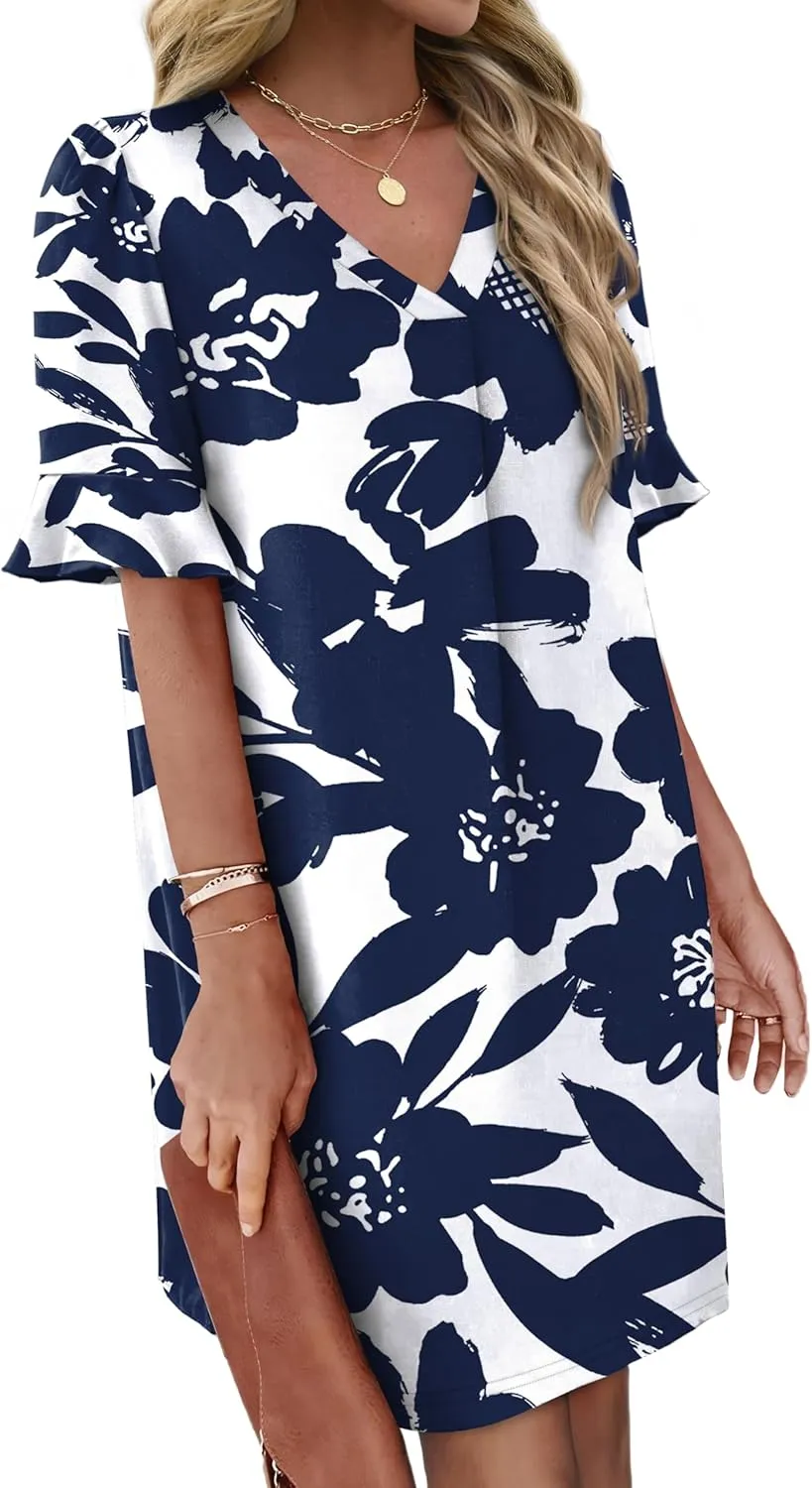 OFEEFAN Summer Dresses for Women Ruffle Short Sleeve V Neck Casual Shift Dress with Pockets